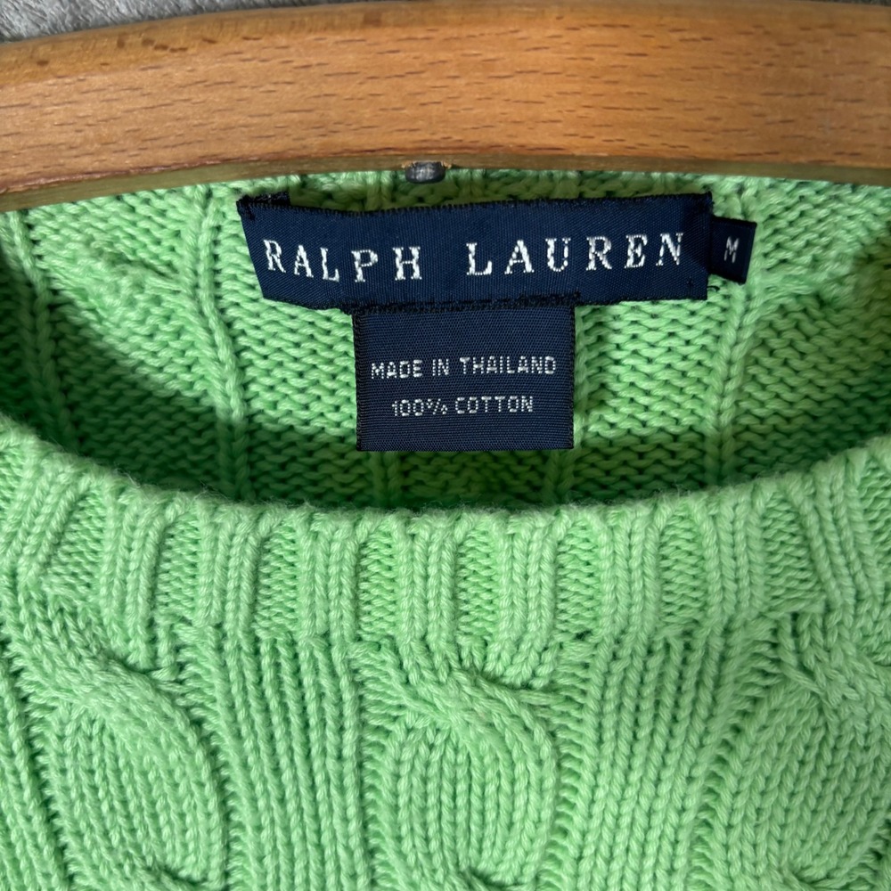 Ralph Lauren Womens Lime Green Cable Knit Cotton Crew Neck Sweater Size M Preppy - Picture 3 of 13